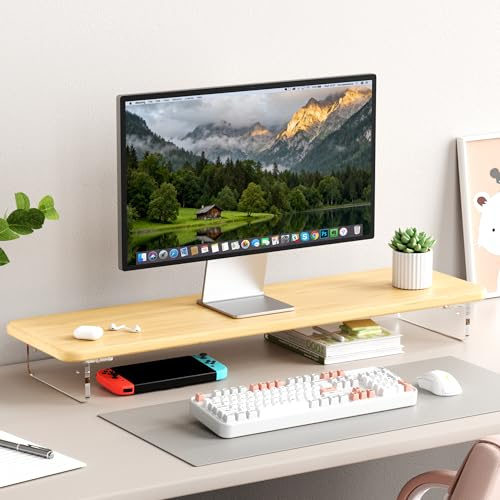 AFOOYO Soporte elevador para monitor, soporte de bambú y acrílico para monitor de computadora con luz LED, soporte de monitor grande de 31.5 pulgadas para escritorio, soporte organizador de escritorio