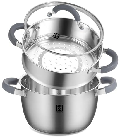 Dampfgarer 20 cm mit Glasdeckel, Dampftopf Edelstahl Induktion 3L Inklusive Dampfkorb,Steamer Pot 2 Tier Kartoffeldämpfer Couscous Topf geeignet für Gemüse, Suppen, Knödel,ofen und spülmaschinenfest