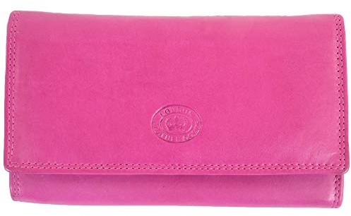 Ladies Soft Real Nappa Leather Long Flap-Over Purse with Inner Flap Pockets (Lilac/Dark Brown/Mid Brown/Navy/Turquoise/Black) (Cerise Pink)