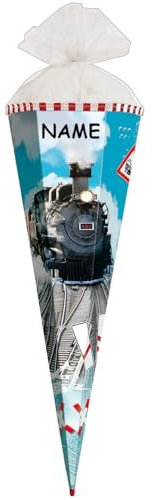 Schultüte - Eisenbahn - Lokomotive - 35 cm - rund - incl. Namen - mit Tüllabschluß - Zuckertüte Roth - mit/ohne Kunststoff Spitze - für Jungen/Geschen..