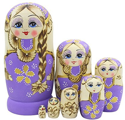 Set von 7 Zopf Mädchen Stapeln Spielzeug Russischen Puppe Handgefertigt Spielzeug aus Holz für Kinder Kinderzimmer Decor (Lila)