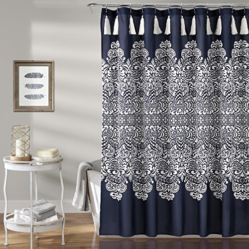 Lush Decor, Duschvorhang, Boho-Medaillon, 182,9 x 182,9 cm, Boho-Medaillon, Stoff-Bohemian-Design mit Quasten, Marineblau