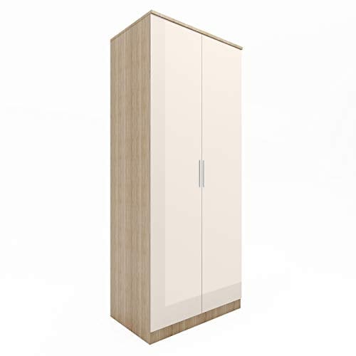 ELEGANT 2 Doors Wardrobe with Soft Close Hinge, High Gloss Bedroom Furniture Sets with Hanging Rod and Storage Shelves, Cream/oak