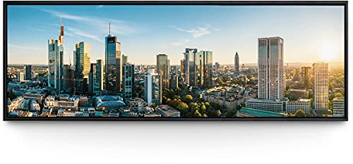 BilderKing Wandbild Frankfurt Am Main Skyline - 150cm x 50cm Leinwand auf 2cm Keilrahmen mit Schattenfugenrahmen schwarz