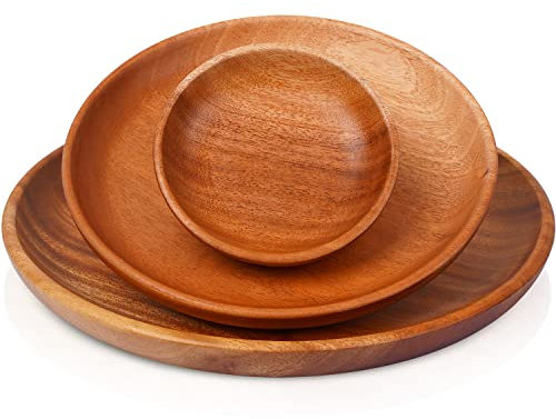 VieWood Cargador de platos redondos de madera, juego de 3 vajilla de madera para platos, aperitivos, postres u ocasiones (4.7 pulgadas, 7.9 pulgadas y 10 pulgadas)