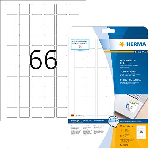 HERMA 10107 Universal Etiketten ablösbar, 800 Blatt, 25,4 x 25,4 mm, 66 pro A4 Bogen, 52800 Stück, selbstklebend, bedruckbar, matt, quadratisch, blanko Papier Klebeetiketten Aufkleber, weiß