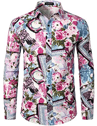 LucMatton Chemise boutonnée à manches longues en lin pour homme Motif traditionnel africain, rose 1, 3XL