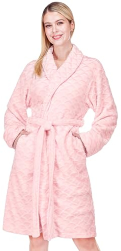 PAVILIA Light Pink Womens Robes Plush, Short Bathrobe Knee Length, Lightweight Shower Female Teen Girls, Fluffy Soft Fuzzy Cozy Warm Cute Kimono, S/M