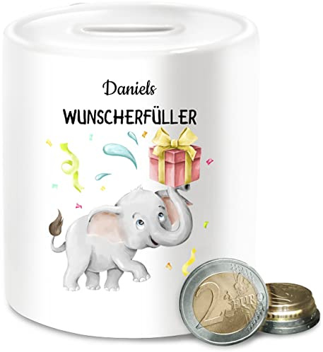 Spardose - Kinder Mädchen und Jungen - Wunscherfüller - Elefant - Watercolor Aquarell - Unisize - Weiß - personalisierte kinderspardosen eigenem wünscheerfüller spardosen namens kinderspardose