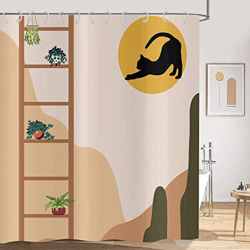 Hnmdmyi Rideau de Douche Boho 180x200, Mid Century Abstrait Chat Noir Soleil Plante en Pot, Moderne Minimaliste Géométrique Esthétique Art Imperméable Tissu Polyester pour Baignoire