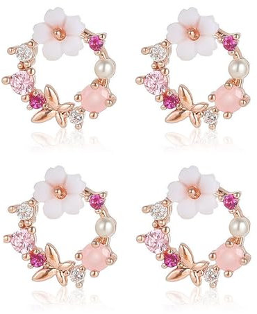 Tadipri 2 Paare Gold Ohrstecker, Verhindern Allergien Zircon Frauen-Bolzen-Ohrringe, Mit Hübscher Schmetterling Bunte Blumen Perle, Für Partei, Hochzeiten, Verlobungen