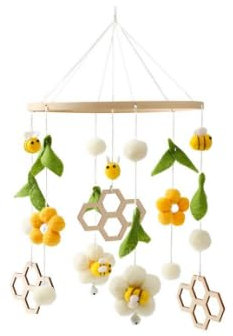 Herfair Mobile Baby Windspiele mit Filzbällen - Frische Blumen und Bienen, Kinderzimmer Hängende Bettglocke, für Babybett Wickeltisch Deko (Gelber Bienenstock)