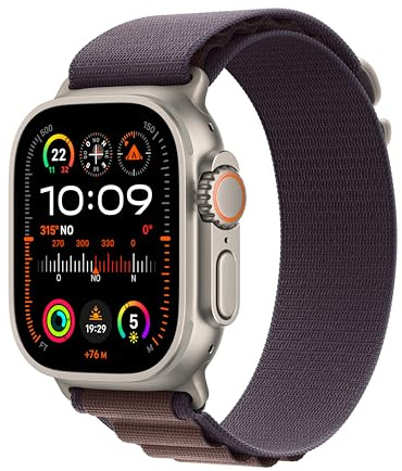 Apple Watch Ultra 2 (49 mm GPS + Cellular) Smartwatch avec boîtier en Titane Robuste et Boucle Alpine Indigo Small. Suivi de l’activité Physique, GPS Haute précision, Bouton Action, Neutre en Carbone