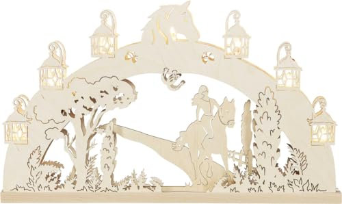 Rudolphs Schatzkiste Schwibbogen Reiterin auf Pferd LED Natur BxHxT 52x31x4,5cm NEU Lichterbogen Fensterbogen Spitzbogen Erzgebirge Weihnachten Bergbau Bergmann Licht Holz Dekoration Beleuchtung