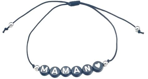 Bracelet maman en perles lettre, cordon noir réglable (Fond noir/écriture blanche)