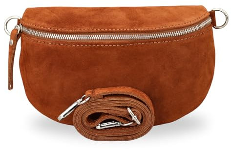 BRISE Bauchtasche Damen Echtes Wildleder SAHEL Handgemachte Umhängetasche Crossbody Bag Hüfttasche mit Ledergurt Stylische Schultertasche Gürteltasche Made in Italy (Cognac Braun 1)