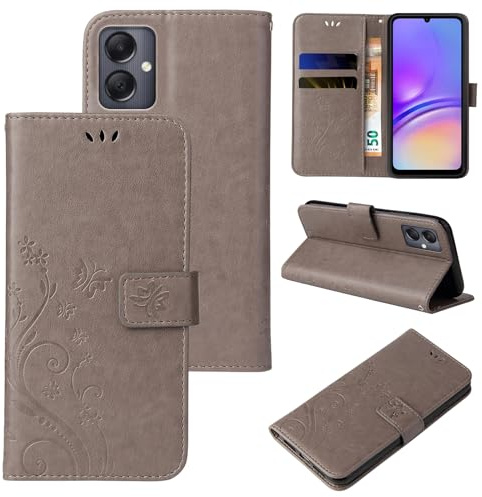 LBH Handy Hülle für Samsung Galaxy A05 Case Handytasche Schmetterling Blumen Flower Standfunktion Schutzhülle Magnet Rundum Schutz 360 Grad Flipcase Cover Grau