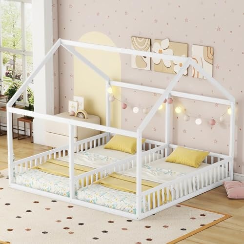 MQLAE Hausbett 90x200 mit Rausfallschutz für 2 Kinder, Kiefernholz Kinderbett für Jungen & Mädchen, 2-in-1 Gitterbett Kinder Bett Bodenbett, Einzelbetten, ohne Matratze, Weiß
