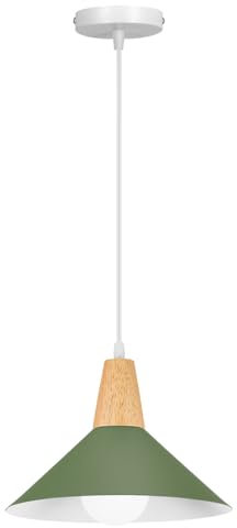 LIGKIN Pendelleuchte E27 Moderne Hängeleuchter Industrielle Deckenleuchte Ø25cm Metall Lampenschirm Vintage Holzkronleuchter für Küche Esszimmer Kaffeezimmer, Dunkelgrün