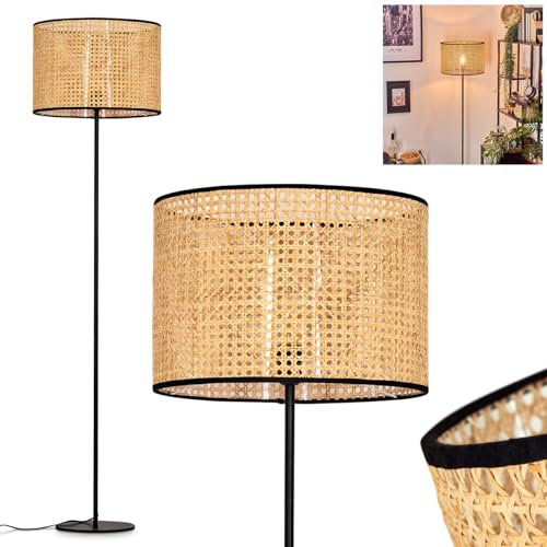 Stehleuchte Ramila, Stehlampe aus Metall/Wiener Geflecht/Rattan in Schwarz/Natur, Leuchte im skandinavischen Design mit rundem Schirm (Ø 40 cm) u. Fußschalter, Höhe 158 cm, 1 x E27, ohne Leuchtmittel