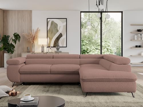 MKS MEBLE Sofa L, Wohnlandschaft L-Form mit Schlaffunktion und Bettkasten, Schlafsofa mit Bettkasten, Ecksofa, Sofa mit Einstellbare Kopfstützen, Pedro L - Rosa Boucle - Rechts
