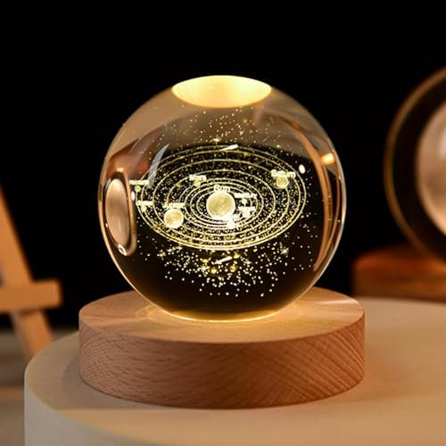 3D Kristallkugel Nachtlicht,USB 3D Mond Planeten Sonnensystem Universum Lampe,Glaskugel Lampe mit Holzsockel,Weihnachten Geburtstag Valentinstag Astronomie Geschenke LED Ball Lampe