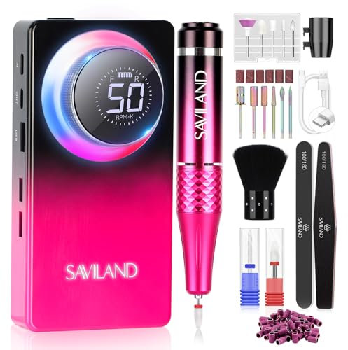 SAVILAND Plus Electric Nail Drill 50000 RPM: Cordless Electric Nail File 10 H Battery Life Rechargeable Nail Drill Kit with Ceramic Drill Bits Acrylic Nail Removal Ambient Light Black and Pink Ombre