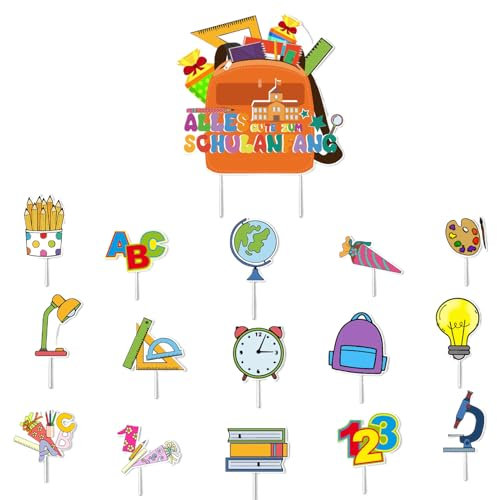 16 Stück Tortendeko Einschulung Mädchen,Deko Schulanfang Set Cake Topper Schulkind Kuchen Schultüte Torte Girlande Schultag Torten Kuchendeko ABC Buchstaben,für 2024 Mädchen Junge Einschulung Geschenk