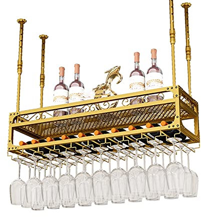 BGFYUSF Weinregal, Hängeregal mit Glashalter und Ablage, Hängeregal mit Glashalter und Ablage, 2-lagiges industrielles Decken-Küchenregal (120 x 30 cm)