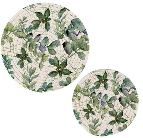 Set di presine in cotone con foglie di bosso per piante, stile acquerello, set di tappetini in tessuto resistente al calore, per vasi da lavoro, 2 pezzi
