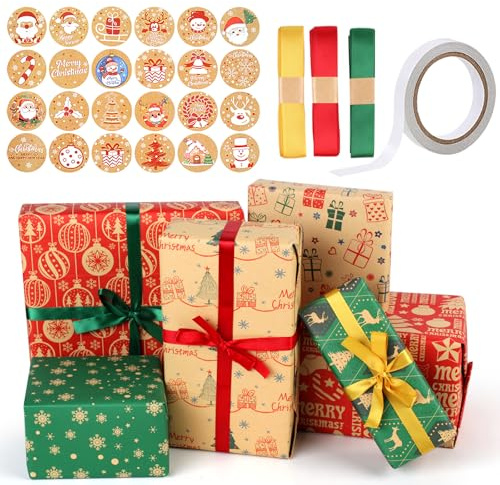 Weihnachtsgeschenkpapier Weihnachten, 6 Blätter Geschenkpapier | Weihnachtspapier mit Aufklebern Band Geschenkverpackung für Xmas kinder - 70X50cm