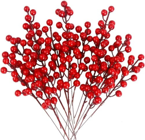 SULOLI 20pcs Branches de Baies de Houx,Baies Rouges Baies de Houx de Noël Baies Artificielles pour Décorations Arbre de Noël et de Couronnes de Noël Faisant des Fournitures (22CM)
