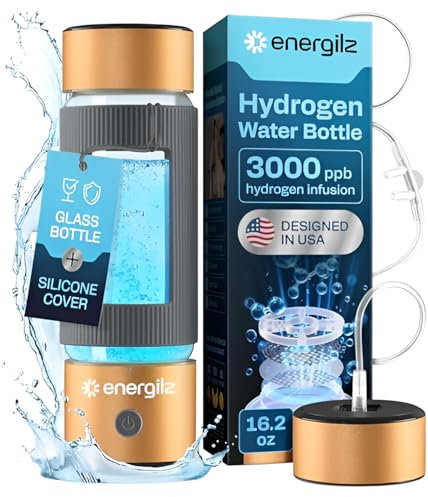 Energilz Hydrogen Water Bottle | Large 16.2 oz (480 ml) Hydrogen Water Bottle Generator 3000 ppb | Hydrogenator Machine | SPE/PEM Hydrogenated Ionizer Generator (Golden w/Gray)
