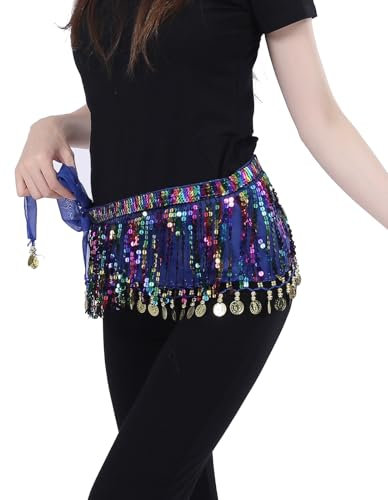Bailinks Pailletten Bauchtanz Hüfttuch, Chiffon Wickelrock mit Münzen für Bauchtanz, Yoga-Kurse und Auftritte - Bauchtanz Hüftgürtel für Damen (Königsblau)