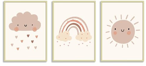 FAVELOT Poster Kinderzimmer Jungen & Mädchen A4 - Regenbogen, Sonne, Beige Boho - Bilder Babyzimmer Deko - Deutscher Premium-Druck - 3er Set Din A4, goldene Rahmen