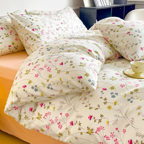 Nayoroom Bettwäsche Baumwolle 135x200 Rosa Blumen Bunt Blümchen Geblümt Muster Bettbezug Set 2teilig Landhausstil Blumenwiese Pflanzenmuster Deckenbezug und 1 Kissenbezug 80x80 cm mit Reißverschluss