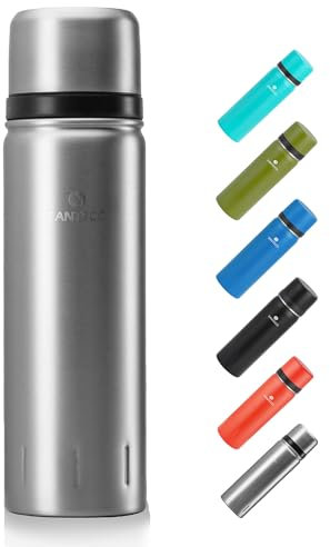 SANTECO Thermos in acciaio inox, 1 l/1000 ml, a prova di perdite, con bicchiere da viaggio, thermos per bevande calde, caffè e tè durante lo sport, senza BPA, freddo 24 ore e caldo 12 ore