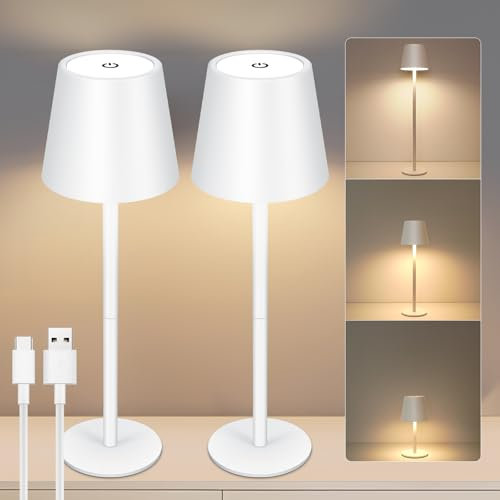 2 Lampada da Tavolo LED, VARICART Lampada da scrivania senza Fili con USB-C, Dimmer 3000-6000K, IP54 Impermeabile Lampada Ricaricabile da Tavolo con Controllo Touch per Interno Esterno Camera (Bianco)