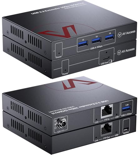 AV Access HDbaseT USB 3.2 Extender Over Ethernet Cat6a/7 100M/330FT, 4 USB 3.2 Ports 5Gbps for Long Distance Extension, 6.6FT USB C to A Cable Included, Plug&Play, Supports All Operating System, PoC
