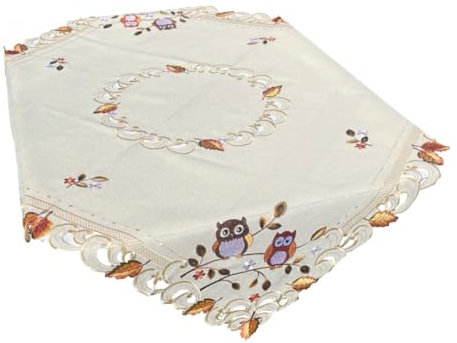 Bunte Eulen Herbstblätter Tischläufer Tischdecke Mitteldecke Deckchen gestickt (ca. 85x85 cm)