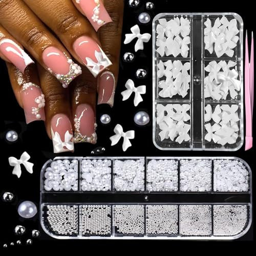 GZMAYUEN 3D Bijoux pour nail art, nœud et des perles plates, Charmes blancs d'art d'ongle d'arc d'ongle, Demi perles blanches pour bijoux d'ongles, accessoires de bricolage