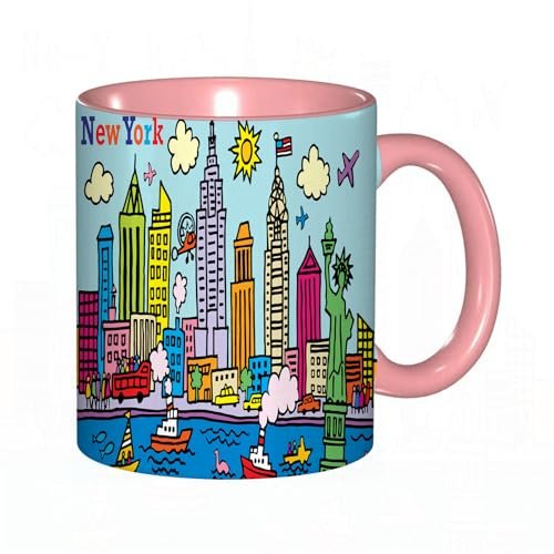 EKLMPS Coffee Mugs,11oz Ceramic Mugs, Funny Gifts for Women, Birthday Present,Christmas,Funny Mugs for Men,Game Room Decor, New York City in Cartoon Style