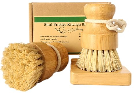 JouiiSiYa Bamboo Vegetable Brush Set, Natural Bristle Dish Brush with Holder, Eco Friendly Soft Dish Scrubber Kitchen Brush for Dishes