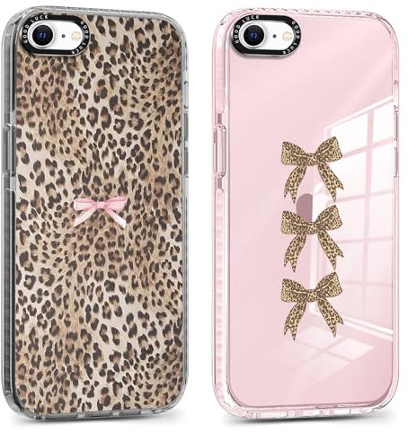 RUMDEY 2 Pack Cute Cheetah Print Phone Case for iPhone 7/8 / SE 2020/2022 Pink Bow Case 4.7, Clear Coquette Fashion Luxury Leopard Pattern Design Girls Women Funda Shockproof Soft TPU Cover