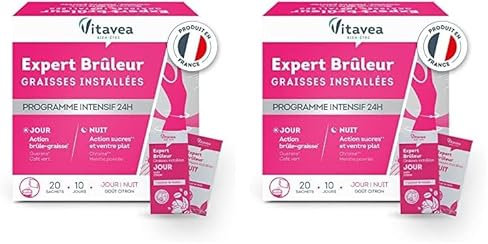 VITAVEA BIEN-ETRE - Préparation minceur Expert Brûleur graisses installées et Ventre plat - Programme Intensif 24h Jour/Nuit - Guarana Menthe poivrée Chrome - 20 sachets - Fabriqué en France