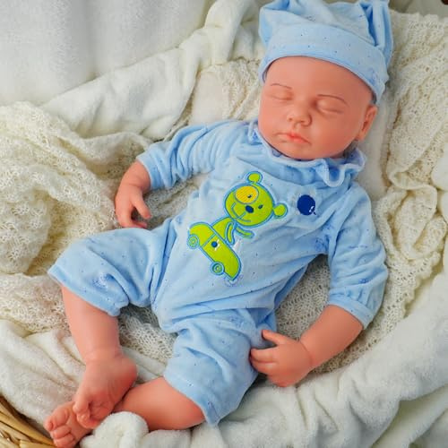 Junge 47 cm, Voll Silikon Baby Puppe, Realistische Baby Puppe, Reborn Neugeborene, Nicht Vinyl, Schlafposition, mit Geschenkbox