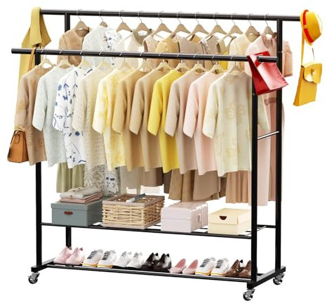 LOEFME Kleiderständer mit Rollen, Leicht zu Bewegender Kleiderstange, Stark Belastbarer Kleiderständer Stabil, 115 x 40 x 145 cm, Einfach zu Montieren (Schwarz)