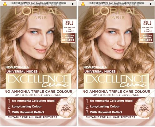 L’Oréal Excellence Permanent Hair Dye Colouring Cream, 100% Grey Coverage, With Pro-Keratin + Ammonia-Free, Universal Nudes, 8U Light Blonde (Pack of 2)