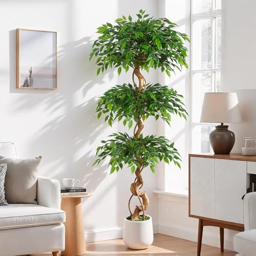 Keeplush Pianta artificiale, albero di ficus, 180 cm, con vaso bianco, grande come reale, con tronco curvo e 1860 foglie, albero artificiale per decorazione di interni, soggiorno, camera da letto