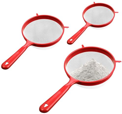 Kitchen Sieve, 3 Sizes (3/4/5 Dia.) Fine Mesh Sieves for Cooking, Plastic Handled Strainer for Flour Food Washing Draining Pasta Spaghetti Rice Vegetable, Red